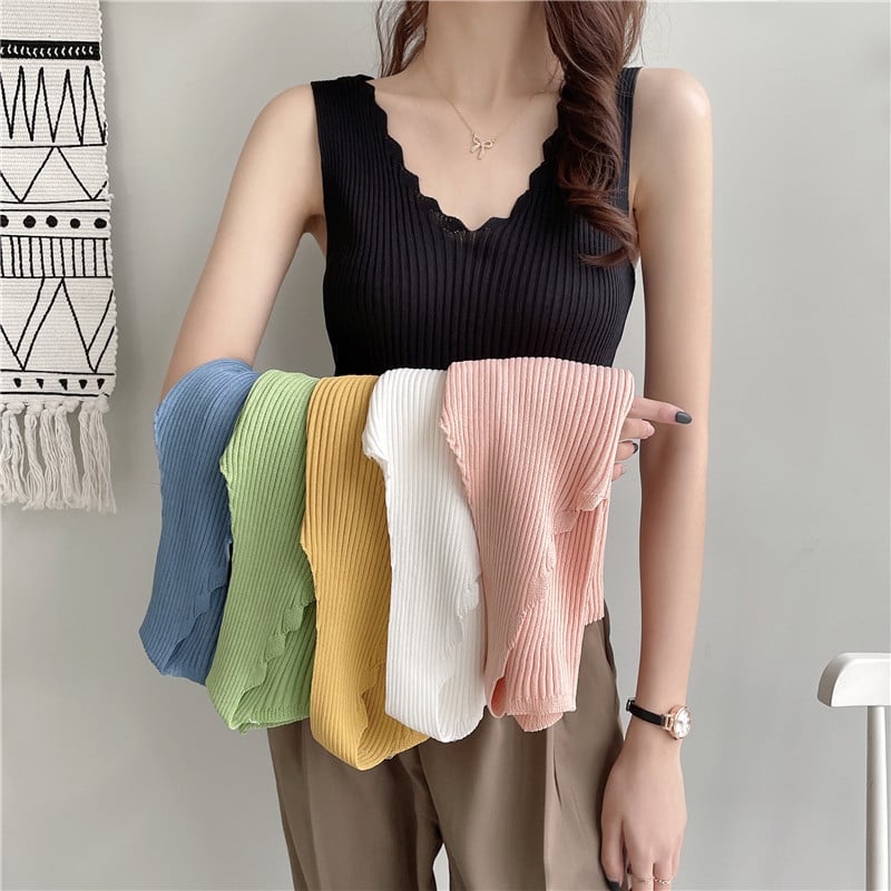 Pletena majica bez rukava, uski kroj, duljina 50-65 cm, poliestersko vlakno s 30-50% pamuka, japansko-korejski opušten stil