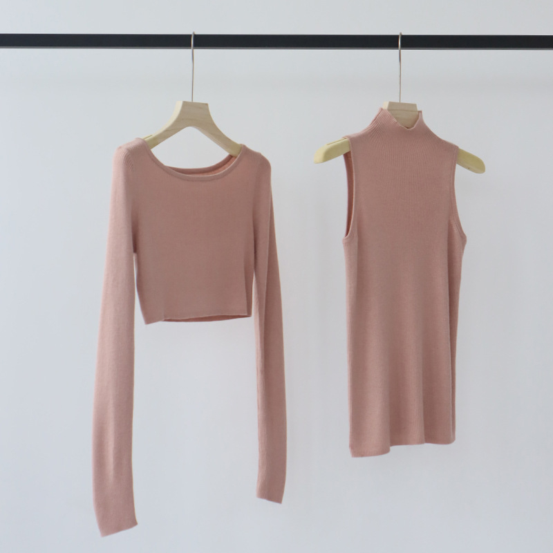 Ženski vuneni pleteni top bez rukava, uski kroj, jednobojna, srednja duljina