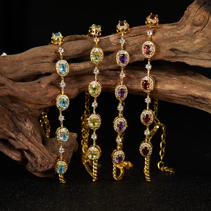 Гривна за китка с естествен аметист и цитрин, S925 сребро, геометричен дизайн