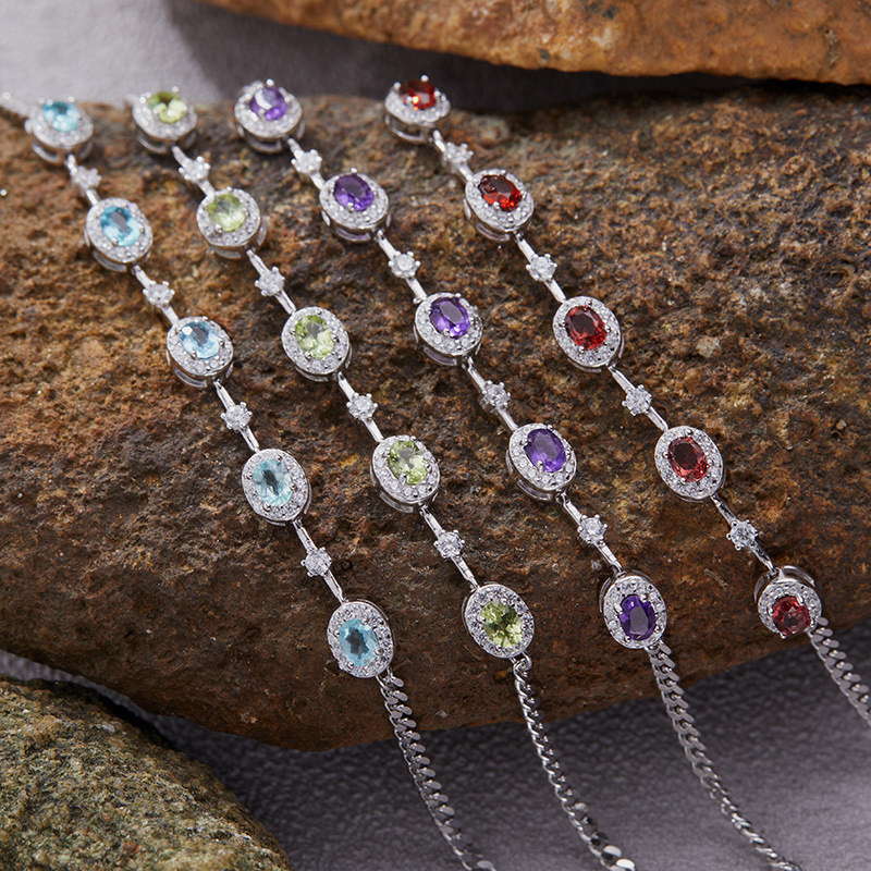 Гривна за китка с естествен аметист и цитрин, S925 сребро, геометричен дизайн