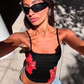 Sling top ar drukāšanu – cieša piegriezne, poliesters, ļoti īss garums, sievietēm