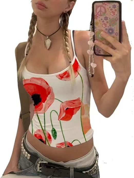 Sling top ar drukāšanu – cieša piegriezne, poliesters, ļoti īss garums, sievietēm