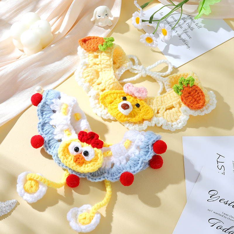 Ръчно плетен нашийник за домашни любимци с мультяшен дизайн и вълнена декорация, подходящ за котки и кучета