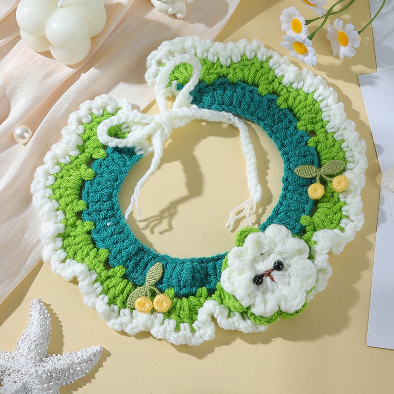 Ръчно плетен нашийник за домашни любимци с мультяшен дизайн и вълнена декорация, подходящ за котки и кучета