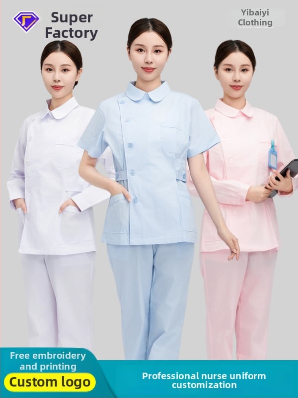 Set uniformă pentru asistentă medicală cu gulă de tip păpușă, mâneci lungi, material bumbac-spandex, evacuează umezeala