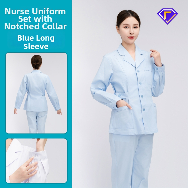 Māsu uniformes komplekts ar lellītes apkakli, garas piedurknes, kokvilnas–spandeksa audums, mitrumu vadīšana