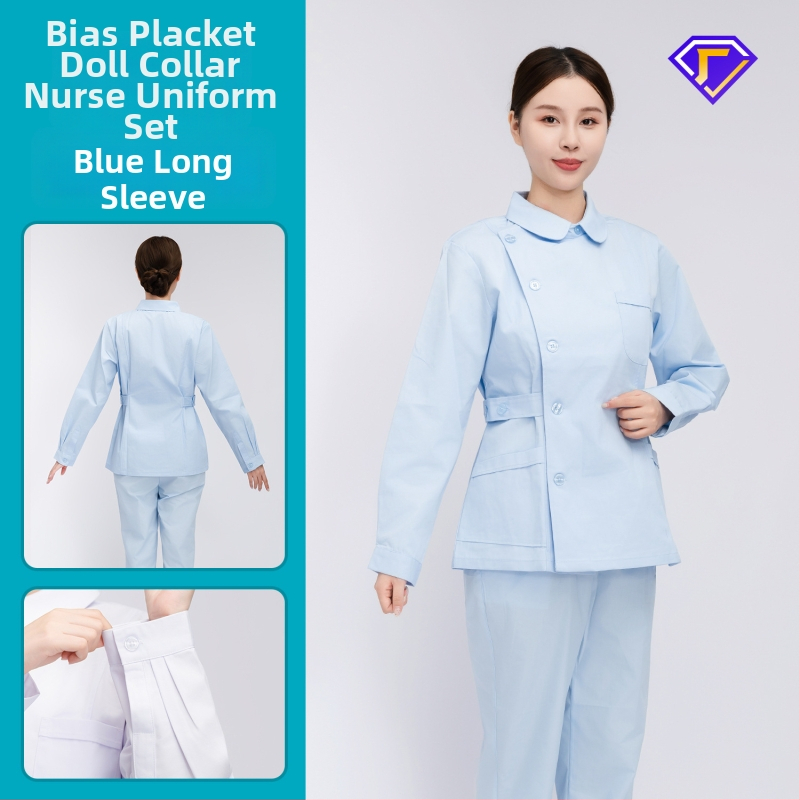 Māsu uniformes komplekts ar lellītes apkakli, garas piedurknes, kokvilnas–spandeksa audums, mitrumu vadīšana