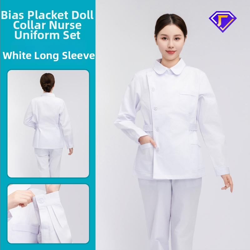 Māsu uniformes komplekts ar lellītes apkakli, garas piedurknes, kokvilnas–spandeksa audums, mitrumu vadīšana