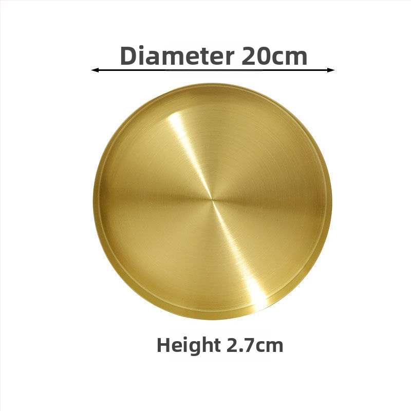 Rozsdamentes acélból készült kör alakú sekély tál, felület elektroplatírozás, mikrohullámú sütőben használható, könnyed luxus stílus