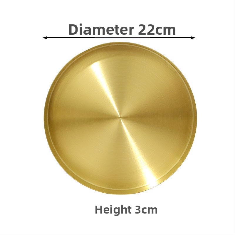 Rozsdamentes acélból készült kör alakú sekély tál, felület elektroplatírozás, mikrohullámú sütőben használható, könnyed luxus stílus
