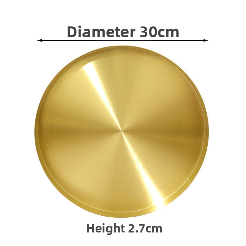 Rozsdamentes acélból készült kör alakú sekély tál, felület elektroplatírozás, mikrohullámú sütőben használható, könnyed luxus stílus