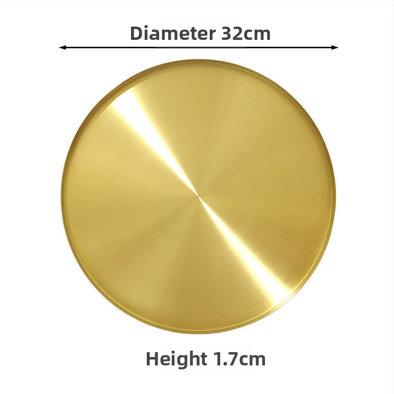 Rozsdamentes acélból készült kör alakú sekély tál, felület elektroplatírozás, mikrohullámú sütőben használható, könnyed luxus stílus