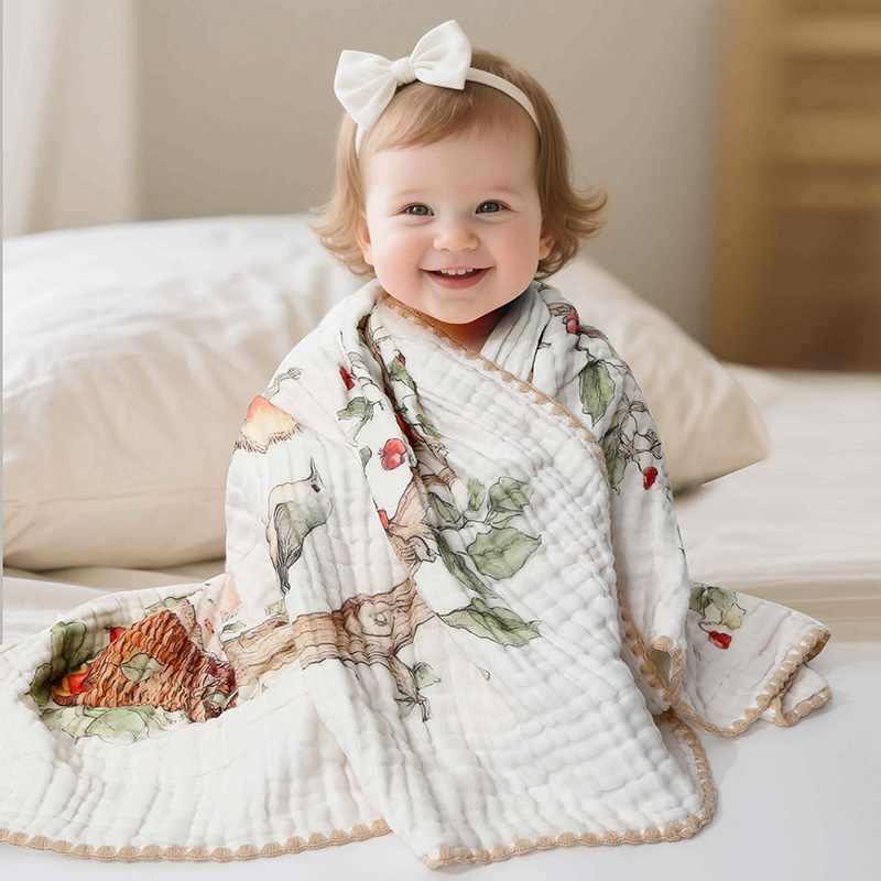 Bērnu marles vannas dvielis – 100% kokvilna, sešu slāņu absorpcija, svītrainais raksts, ātri žūst, zīdaiņiem