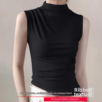 Sieviešu ribots tops ar stāvošu apkakli, šaurs piegriezums, akrila šķiedra, pavasaris 2025