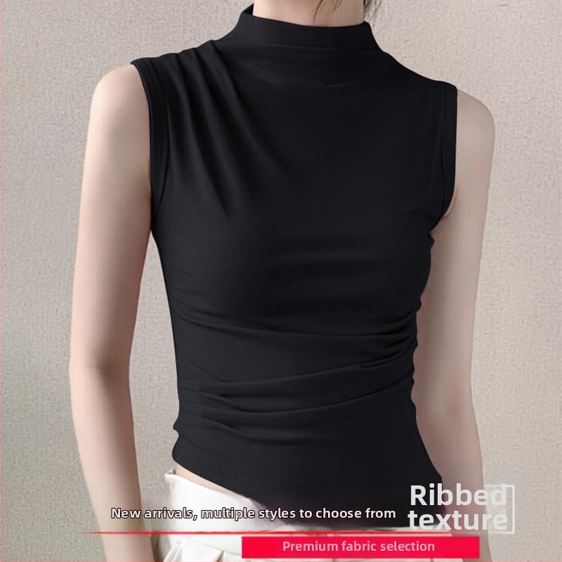 Sieviešu ribots tops ar stāvošu apkakli, šaurs piegriezums, akrila šķiedra, pavasaris 2025