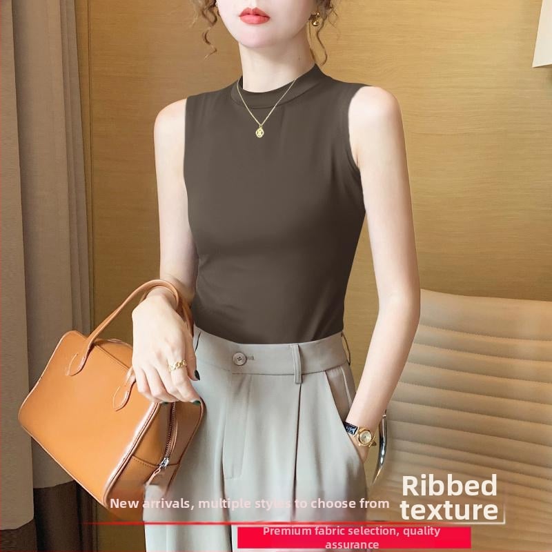 Sieviešu ribots tops ar stāvošu apkakli, šaurs piegriezums, akrila šķiedra, pavasaris 2025