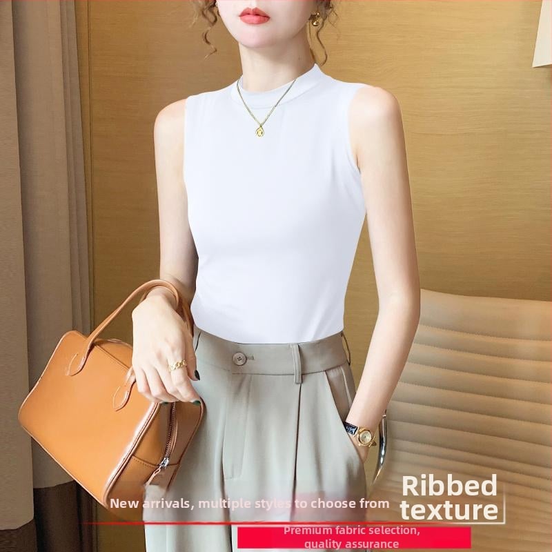 Sieviešu ribots tops ar stāvošu apkakli, šaurs piegriezums, akrila šķiedra, pavasaris 2025