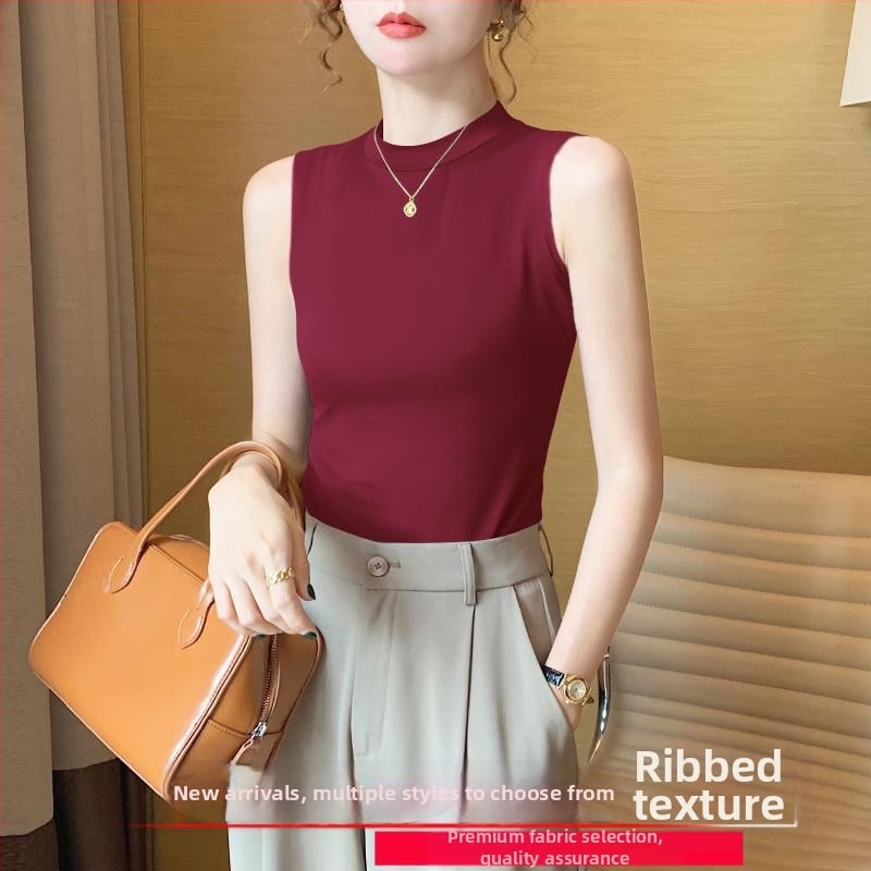 Sieviešu ribots tops ar stāvošu apkakli, šaurs piegriezums, akrila šķiedra, pavasaris 2025