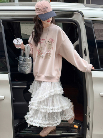 Meitenēm paredzēta fliša iekšējā odere ar apļu kaklu, korejiešu stila, animācijas dzīvnieku motīvs, bērniem virs 8 gadiem (augums 140 cm+), rudens–ziemas 2025