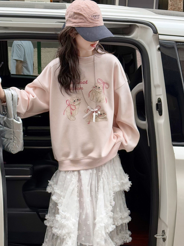 Meitenēm paredzēta fliša iekšējā odere ar apļu kaklu, korejiešu stila, animācijas dzīvnieku motīvs, bērniem virs 8 gadiem (augums 140 cm+), rudens–ziemas 2025