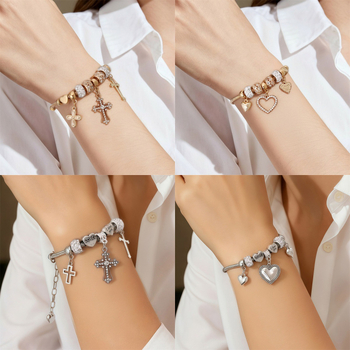 Korejas stila rokassprādze no cinka sakausējuma ar sirds cirkona kulonu un lodītēm — Naizhu, elektroplatinga, 25 g