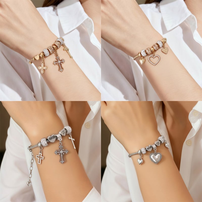 Korejas stila rokassprādze no cinka sakausējuma ar sirds cirkona kulonu un lodītēm — Naizhu, elektroplatinga, 25 g