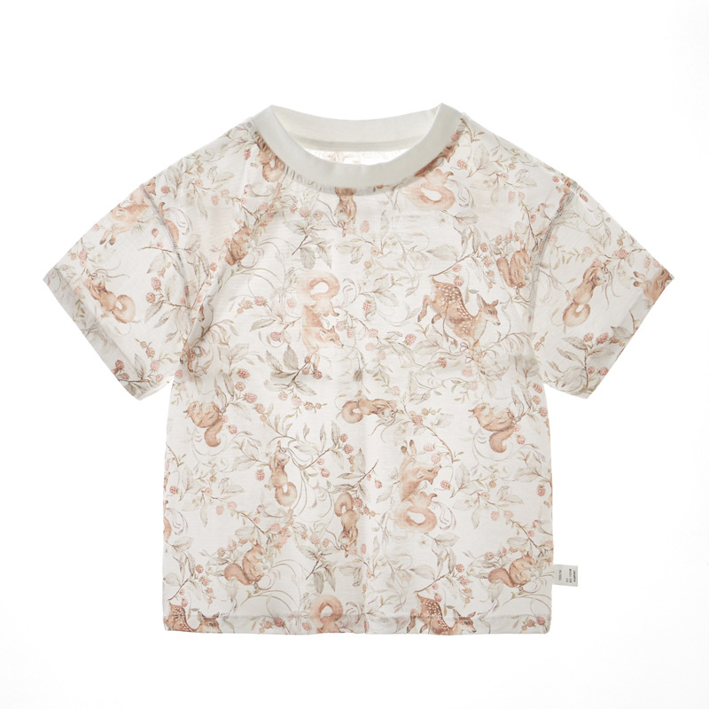 Bērnu T-krekls, 100% kokvilna, īsās piedurknes, apaļš kakls, dzīvnieku raksts