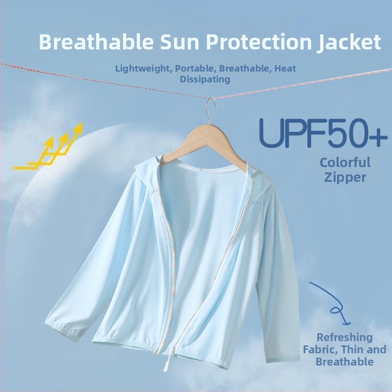 Bērnu kapucēta jaka ar UV aizsardzību UPF50+, viegla, Ice Silk oderējums, poliesters