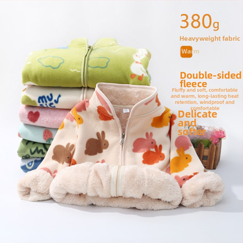 Bērnu flīsa jaka ar karikatūru apdruku, flīšu odai, rāvējslēdzējs, stāvošs apkaklis, garas piedurknes, īss siluets