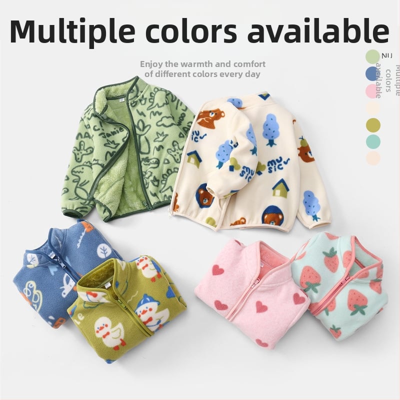 Bērnu flīsa jaka ar karikatūru apdruku, flīšu odai, rāvējslēdzējs, stāvošs apkaklis, garas piedurknes, īss siluets