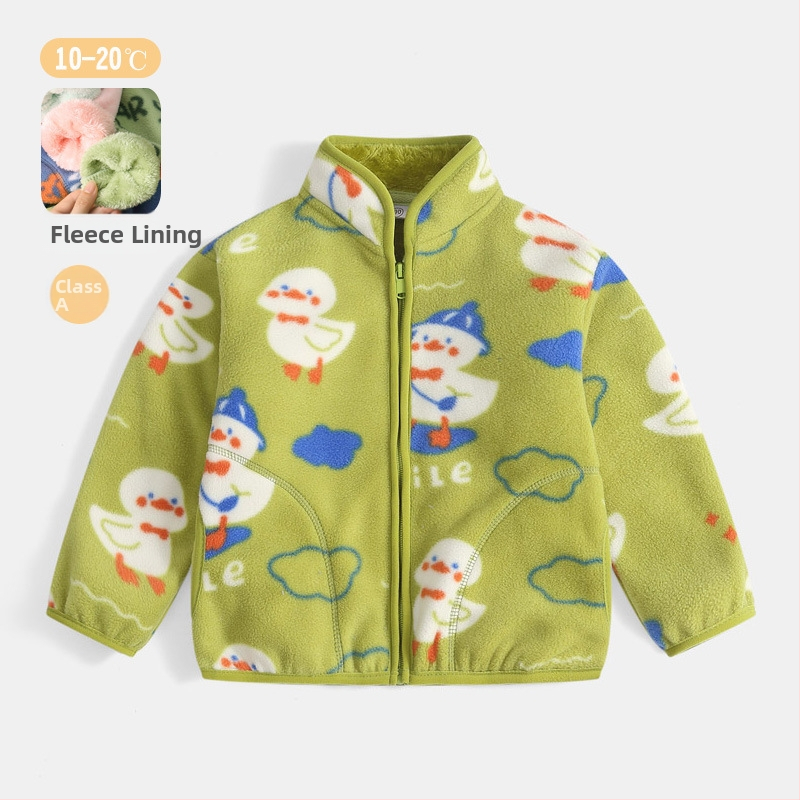 Bērnu flīsa jaka ar karikatūru apdruku, flīšu odai, rāvējslēdzējs, stāvošs apkaklis, garas piedurknes, īss siluets
