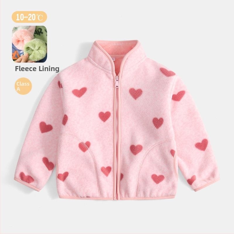 Bērnu flīsa jaka ar karikatūru apdruku, flīšu odai, rāvējslēdzējs, stāvošs apkaklis, garas piedurknes, īss siluets