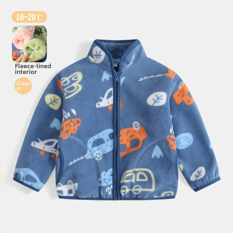 Bērnu flīsa jaka ar karikatūru apdruku, flīšu odai, rāvējslēdzējs, stāvošs apkaklis, garas piedurknes, īss siluets