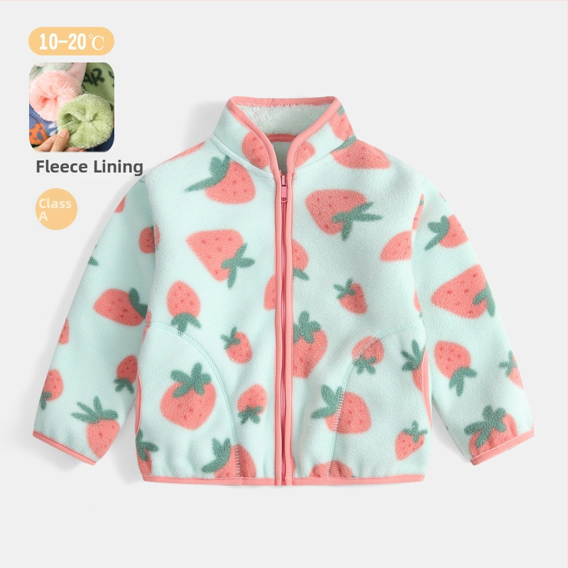 Bērnu flīsa jaka ar karikatūru apdruku, flīšu odai, rāvējslēdzējs, stāvošs apkaklis, garas piedurknes, īss siluets