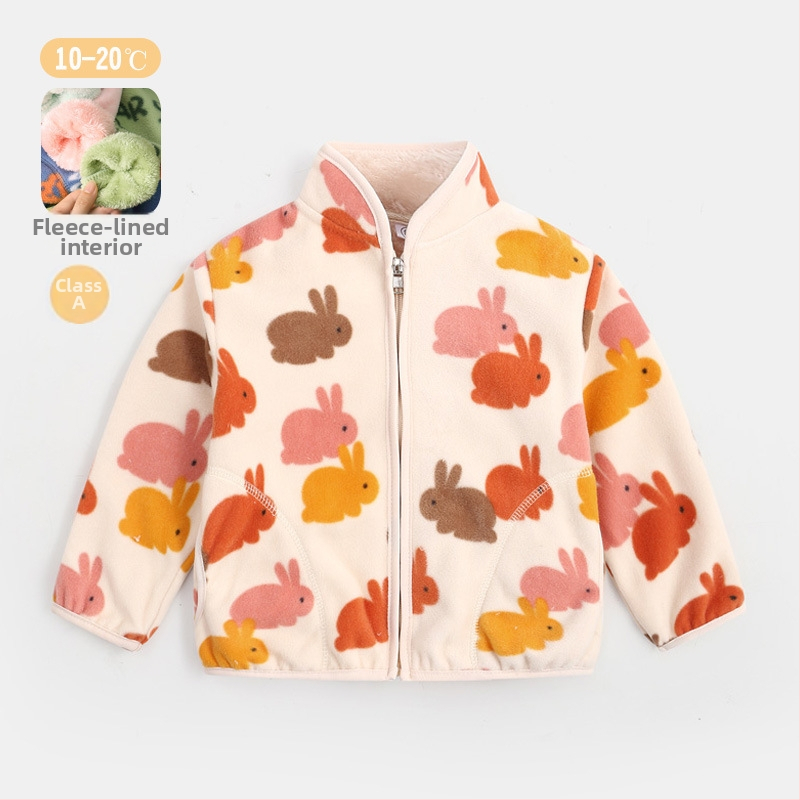 Bērnu flīsa jaka ar karikatūru apdruku, flīšu odai, rāvējslēdzējs, stāvošs apkaklis, garas piedurknes, īss siluets