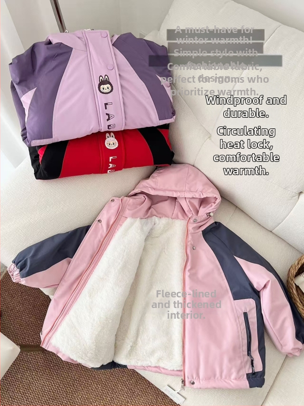 Detská zimná bunda s kapucňou pre dievčatá, fleecová podšívka, vonkajšia časť z zajacej srsti, korejský štýl blokového dizajnu, nepremokavá a vetruodolná, vhodná pre vek 7–12 rokov