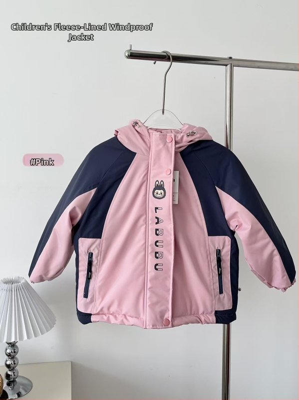 Ziemas jaka meitenēm ar kapuci, bieza flisa odere, ārējā materiāla trušu kažokāds, korejiešu stilā krāsu bloku dizains, ūdensizturīga un pret vēju, piemērota vecumam 7–12 gadiem