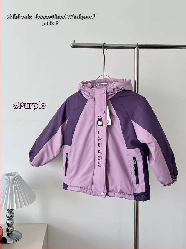 Ziemas jaka meitenēm ar kapuci, bieza flisa odere, ārējā materiāla trušu kažokāds, korejiešu stilā krāsu bloku dizains, ūdensizturīga un pret vēju, piemērota vecumam 7–12 gadiem