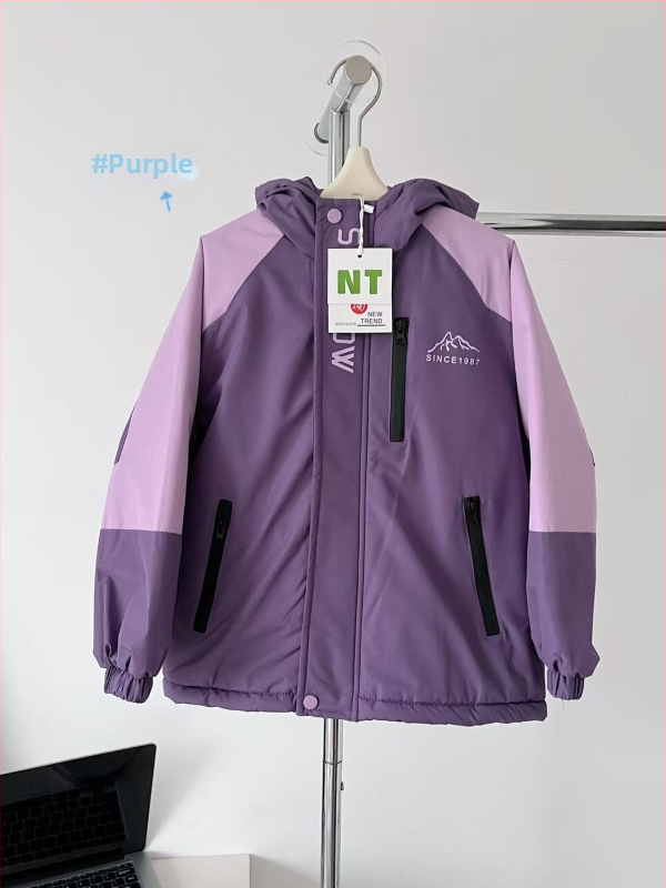 Ziemas jaka meitenēm ar kapuci, bieza flisa odere, ārējā materiāla trušu kažokāds, korejiešu stilā krāsu bloku dizains, ūdensizturīga un pret vēju, piemērota vecumam 7–12 gadiem