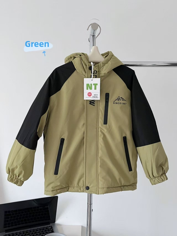 Ziemas jaka meitenēm ar kapuci, bieza flisa odere, ārējā materiāla trušu kažokāds, korejiešu stilā krāsu bloku dizains, ūdensizturīga un pret vēju, piemērota vecumam 7–12 gadiem