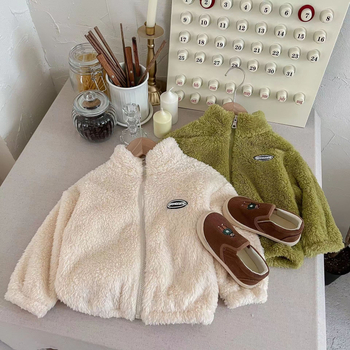 Bērnu flaneles jaka ar fleece apdari, stāvošais kakls, rāvējslēdzējs, bieza auduma slāņa, rudens apģērbs 1–3 gadus veciem bērniem