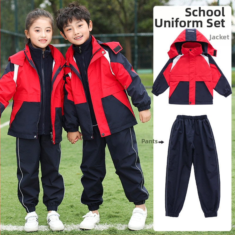 Trīsdaļīgs skolas uniformas komplekts rudens-ziemas sezonai, sporta stila, universāls bērniem no 8 gadu vecuma, rāvējslēdzēja aizdare ar noņemamu kapuci