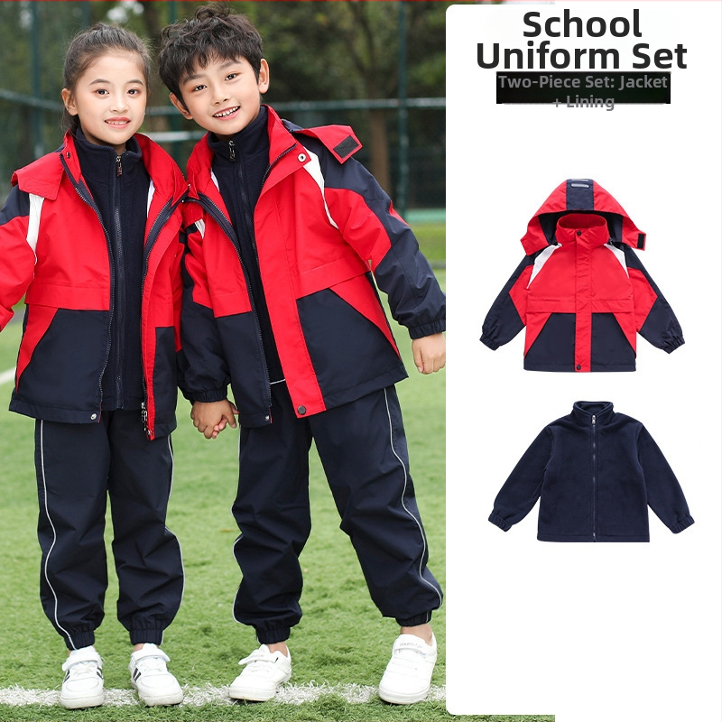 Trīsdaļīgs skolas uniformas komplekts rudens-ziemas sezonai, sporta stila, universāls bērniem no 8 gadu vecuma, rāvējslēdzēja aizdare ar noņemamu kapuci