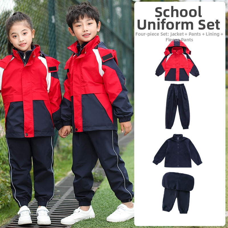 Trīsdaļīgs skolas uniformas komplekts rudens-ziemas sezonai, sporta stila, universāls bērniem no 8 gadu vecuma, rāvējslēdzēja aizdare ar noņemamu kapuci