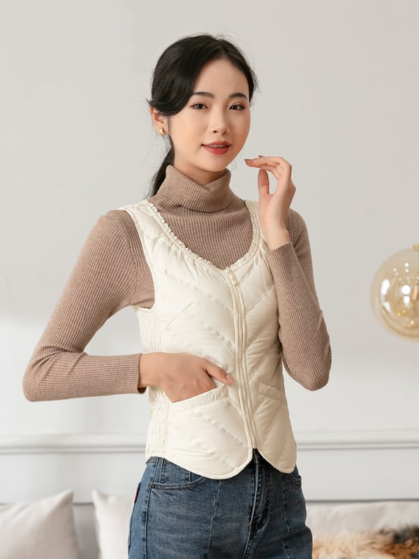 Sieviešu dūnu veste, plāna, slaida silueta, pildījums: pīles pūka, rāvējslēdzējs, apaļš kakls, īss garums