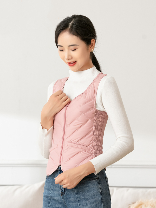 Sieviešu dūnu veste, plāna, slaida silueta, pildījums: pīles pūka, rāvējslēdzējs, apaļš kakls, īss garums