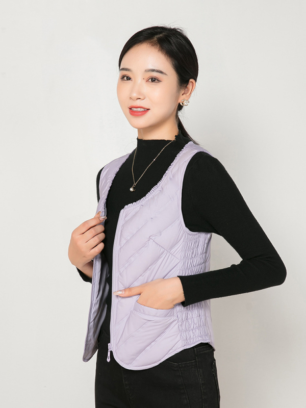 Sieviešu dūnu veste, plāna, slaida silueta, pildījums: pīles pūka, rāvējslēdzējs, apaļš kakls, īss garums