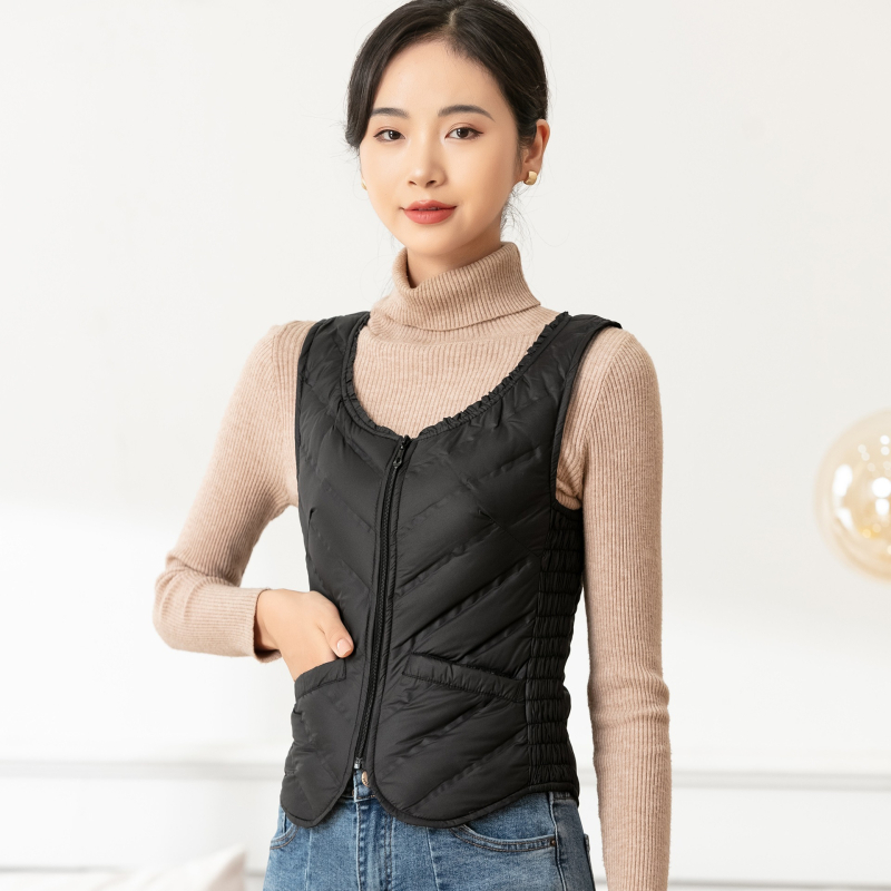 Sieviešu dūnu veste, plāna, slaida silueta, pildījums: pīles pūka, rāvējslēdzējs, apaļš kakls, īss garums