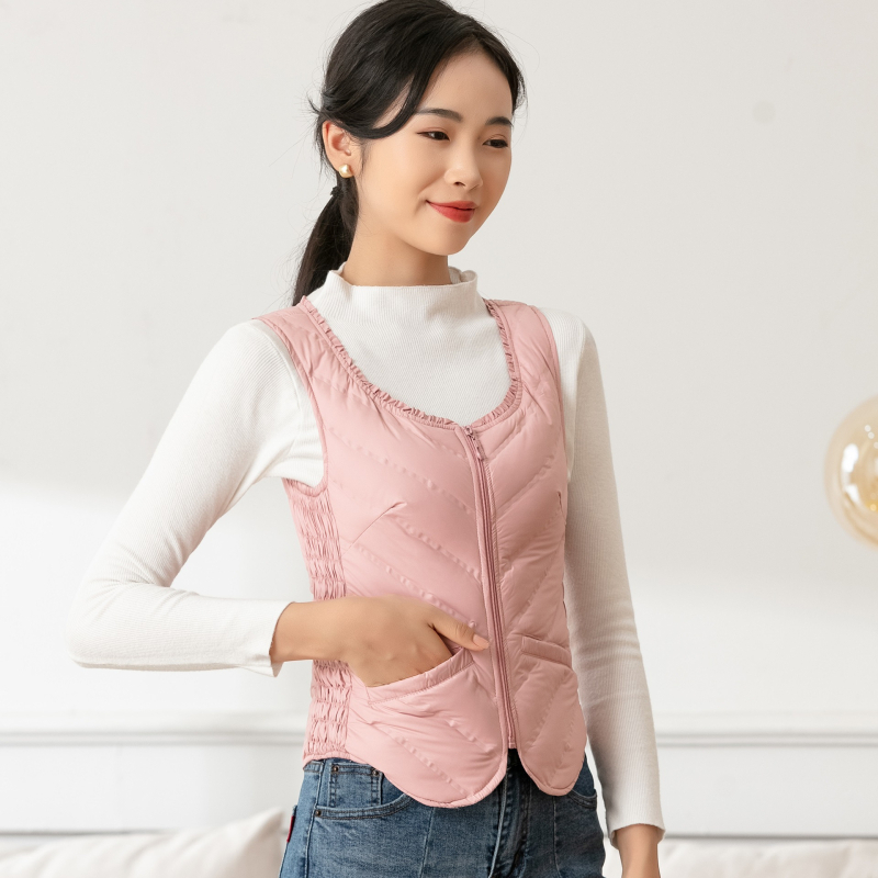 Sieviešu dūnu veste, plāna, slaida silueta, pildījums: pīles pūka, rāvējslēdzējs, apaļš kakls, īss garums