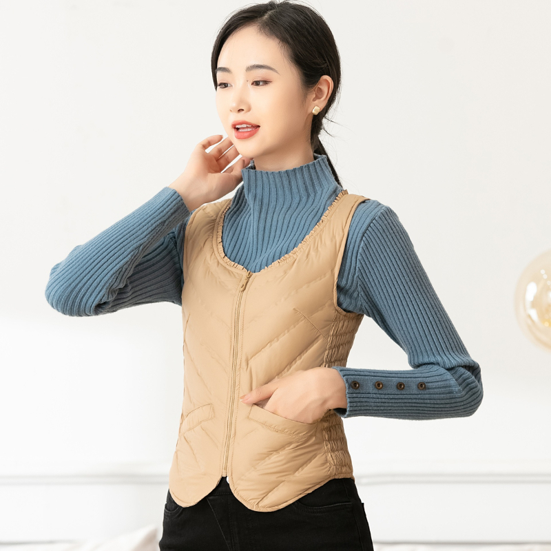 Sieviešu dūnu veste, plāna, slaida silueta, pildījums: pīles pūka, rāvējslēdzējs, apaļš kakls, īss garums